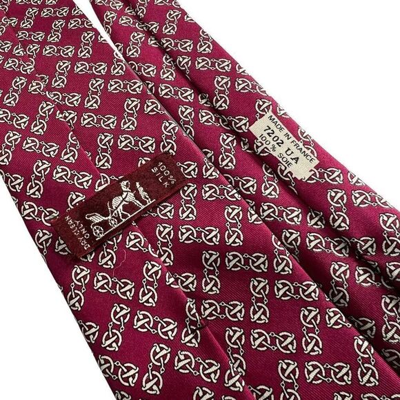 Hermes Necktie 100% Silk Knotted Chain Pattern men’s red - Picture 4 of 7